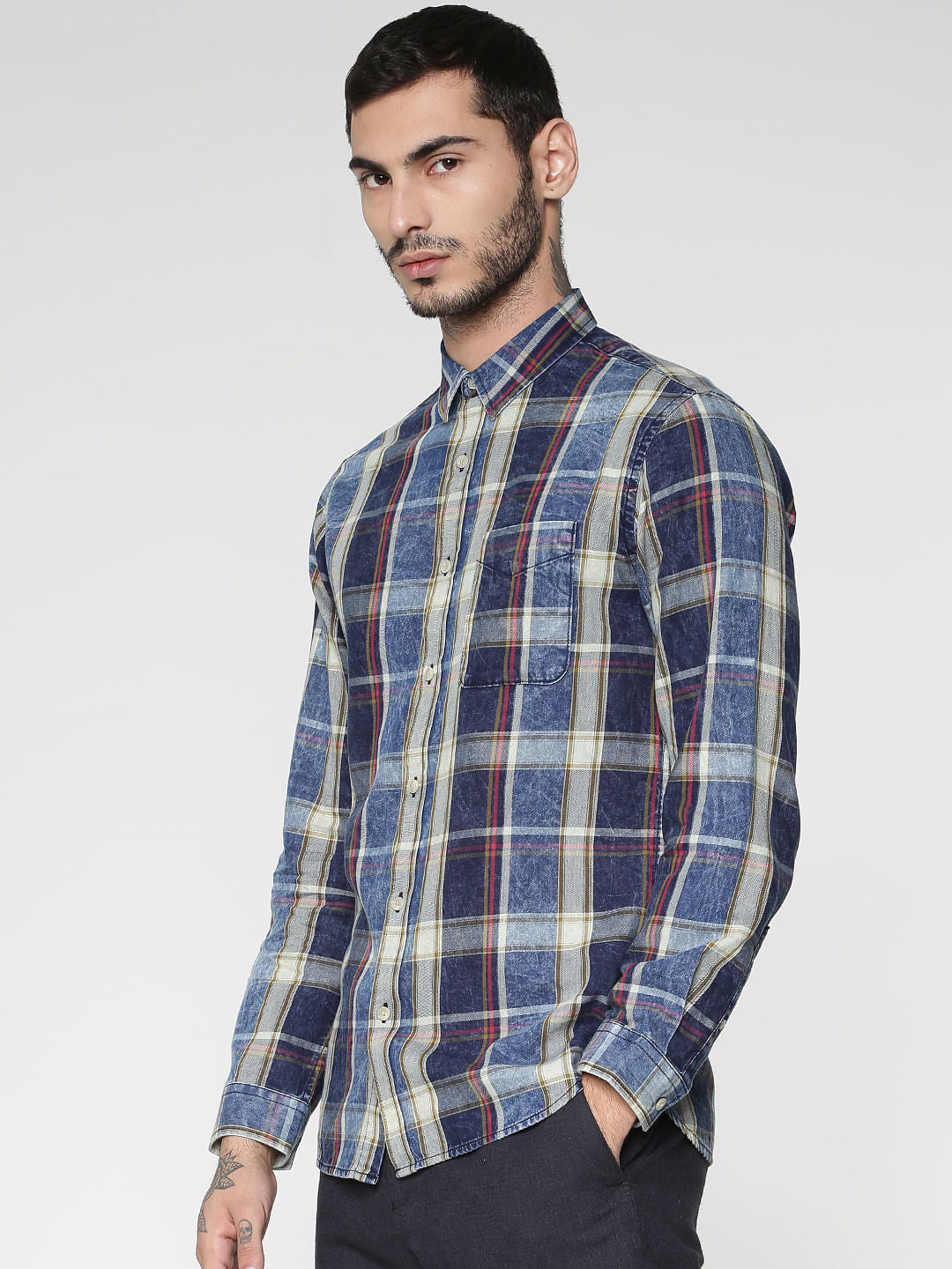 Blue Multicoloured Washed Slim Fit Full Sleeves Shirt
