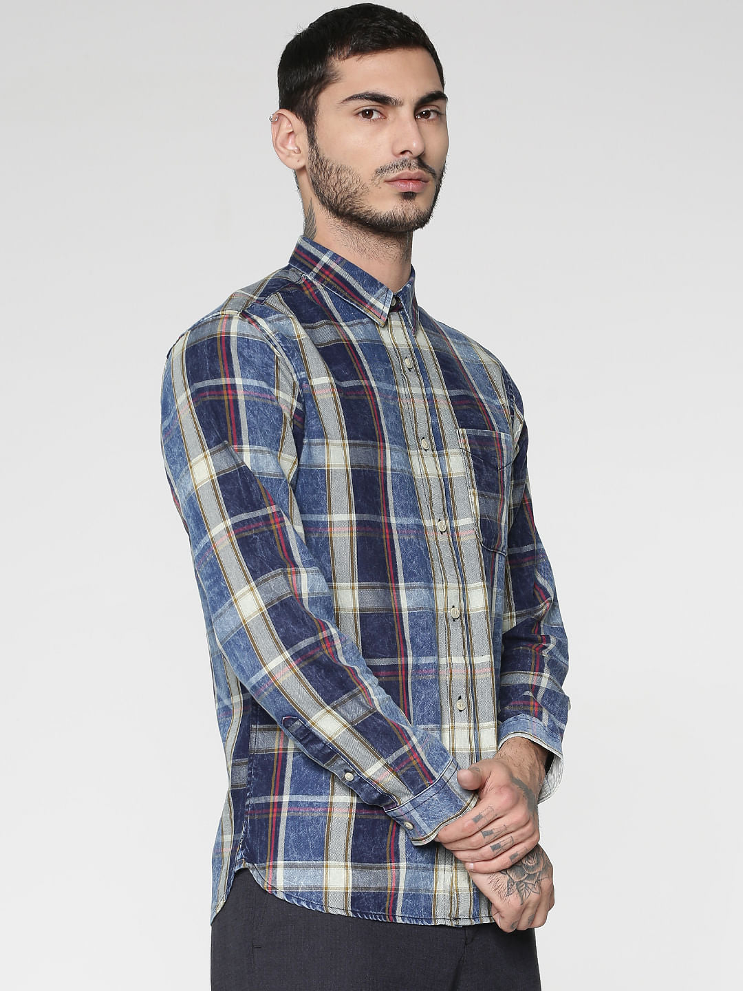 Blue Multicoloured Washed Slim Fit Full Sleeves Shirt