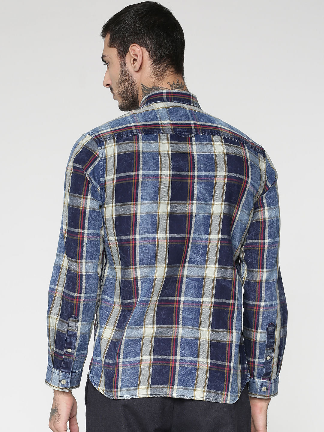 Blue Multicoloured Washed Slim Fit Full Sleeves Shirt