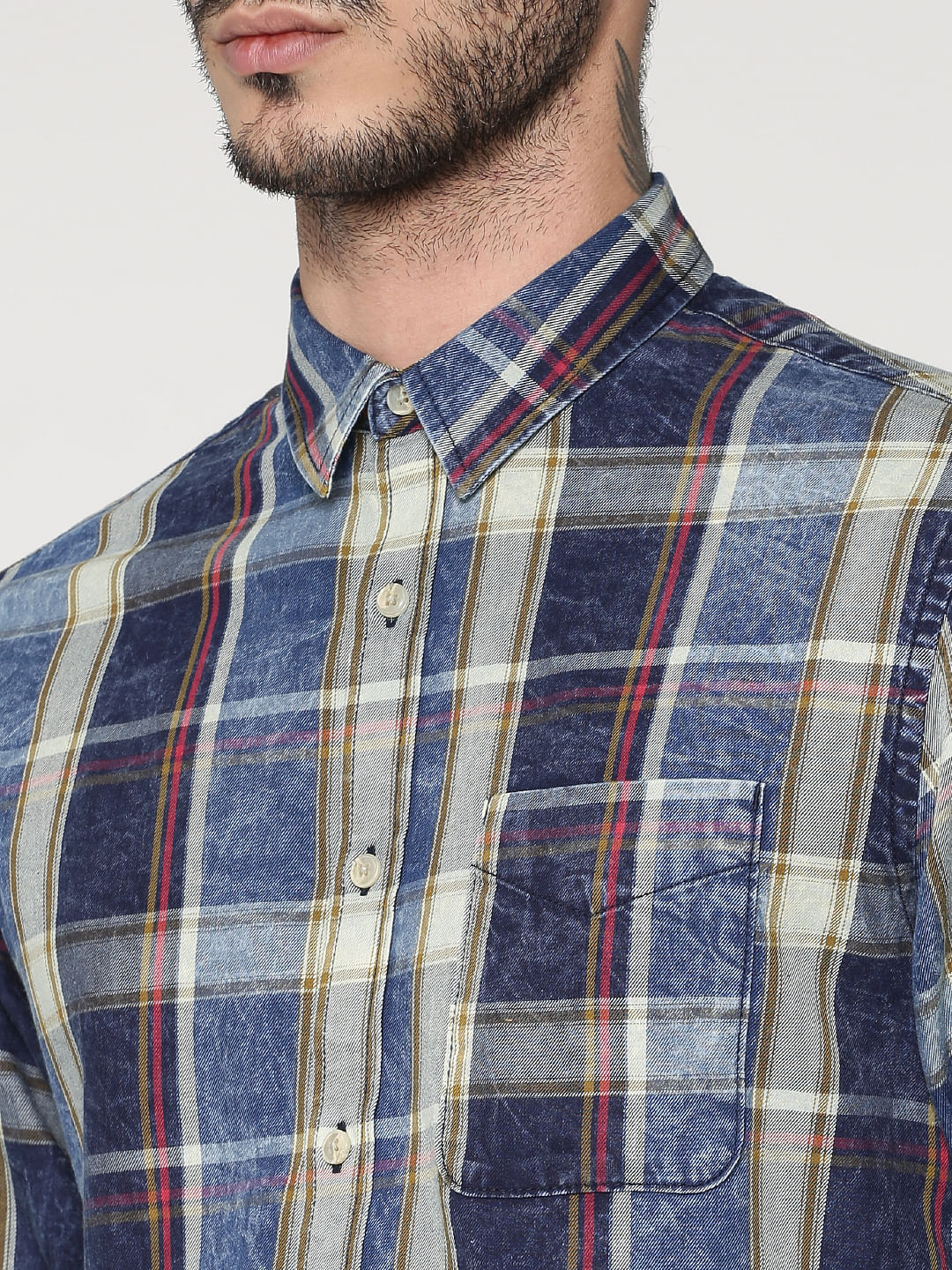 Blue Multicoloured Washed Slim Fit Full Sleeves Shirt