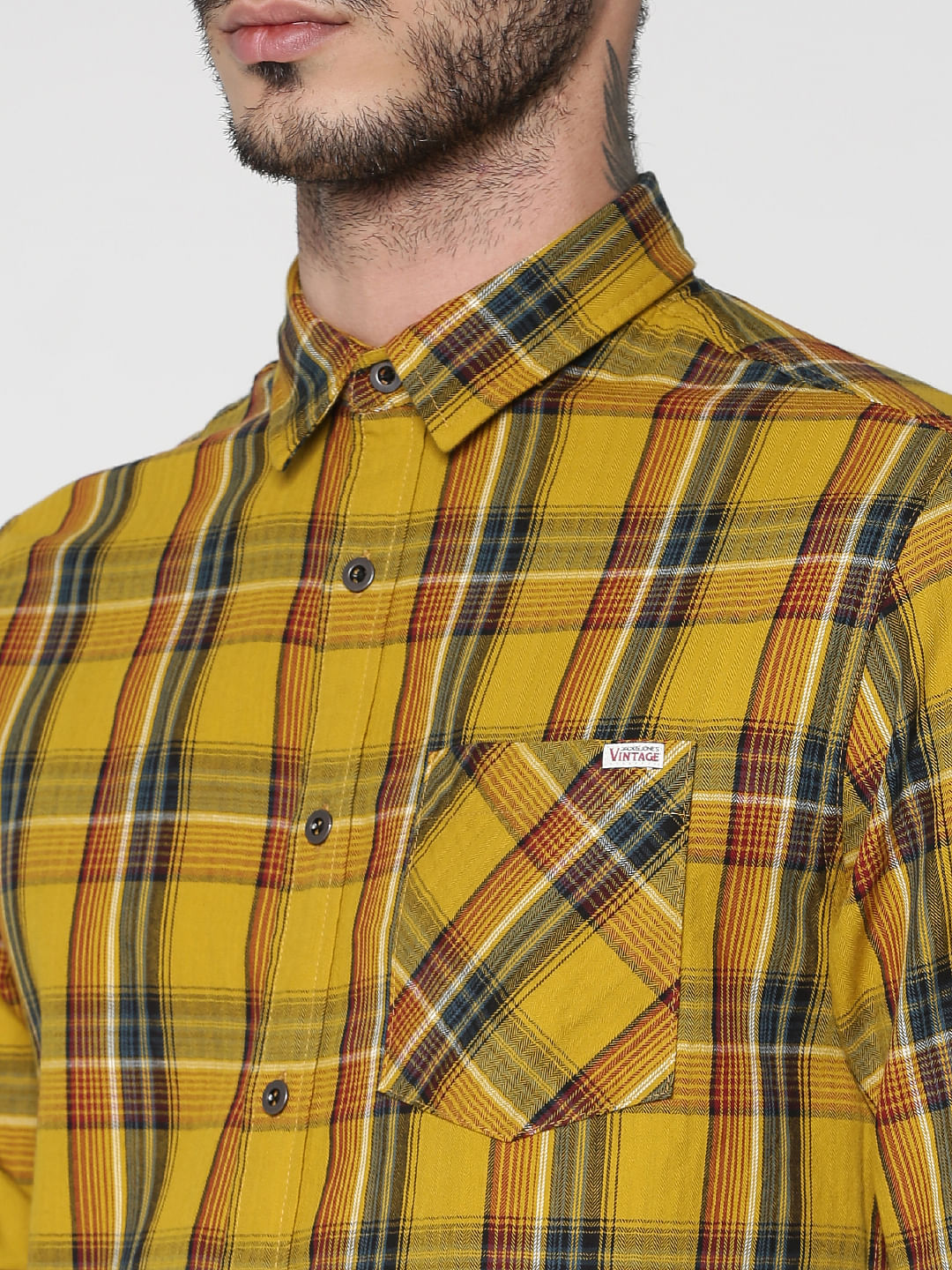 Mustard Multicoloured Checks Patch Pocket Slim Fit Full Sleeves Shirt