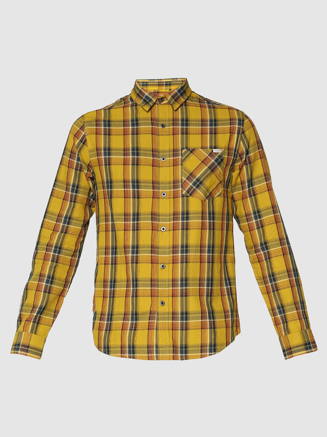 Mustard Multicoloured Checks Patch Pocket Slim Fit Full Sleeves Shirt