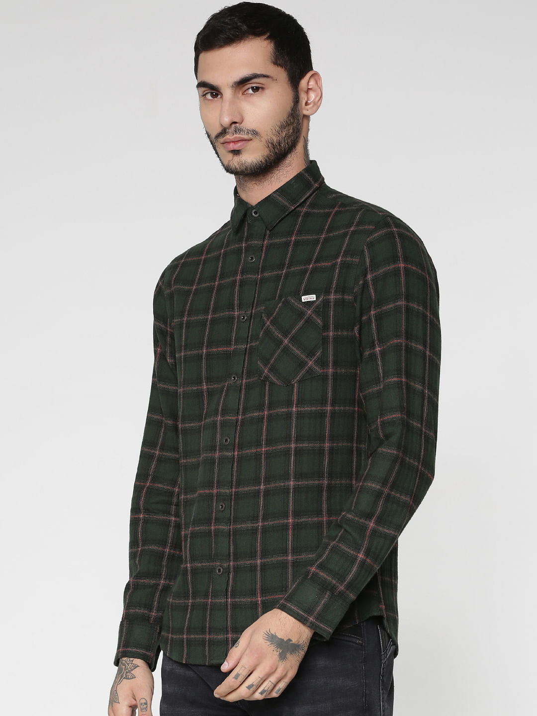 Green Checks Patch Pocket Slim Fit Full Sleeves Shirt