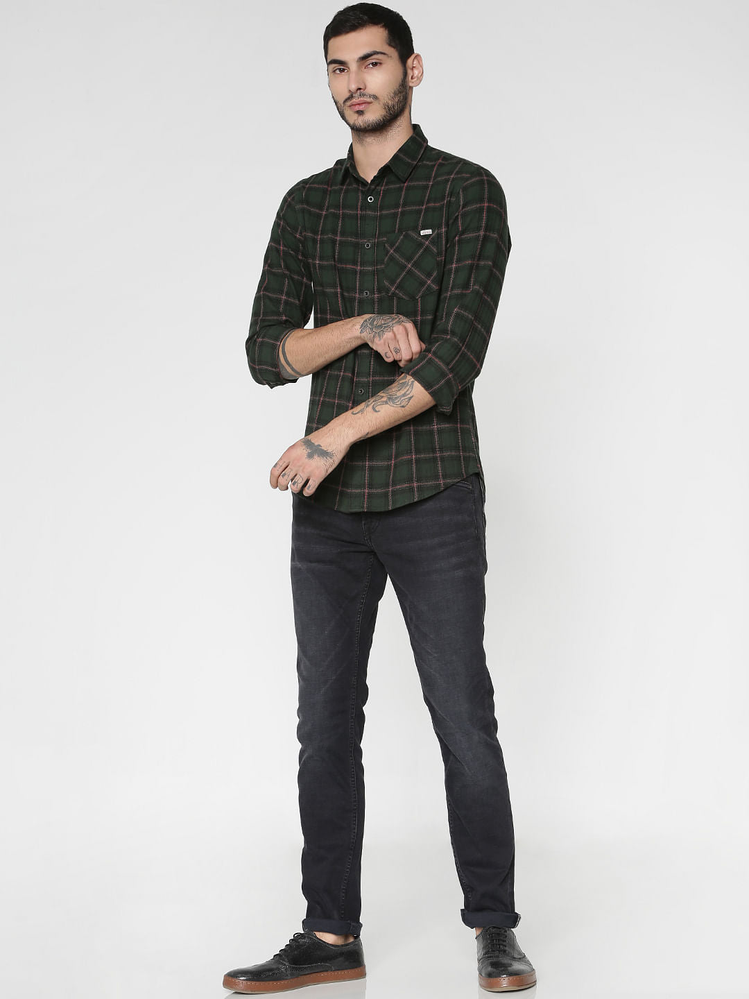 Green Checks Patch Pocket Slim Fit Full Sleeves Shirt