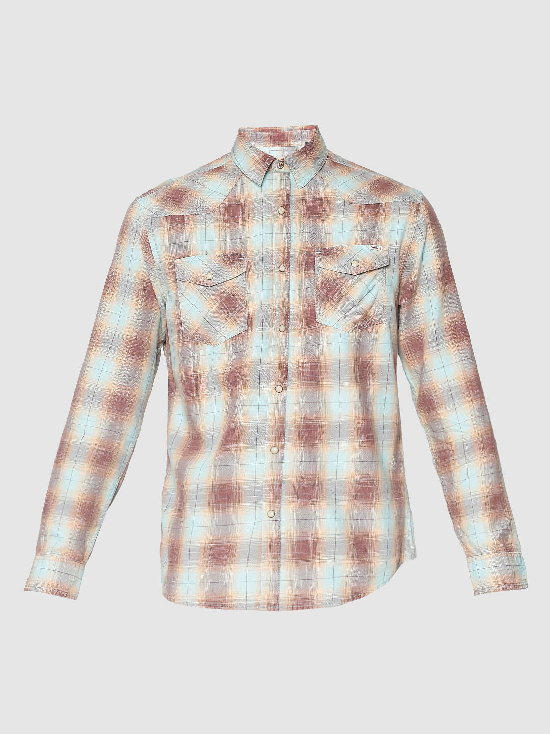 Brown Multicoloured Checks Patch Pocket Slim Fit Full Sleeves Shirt