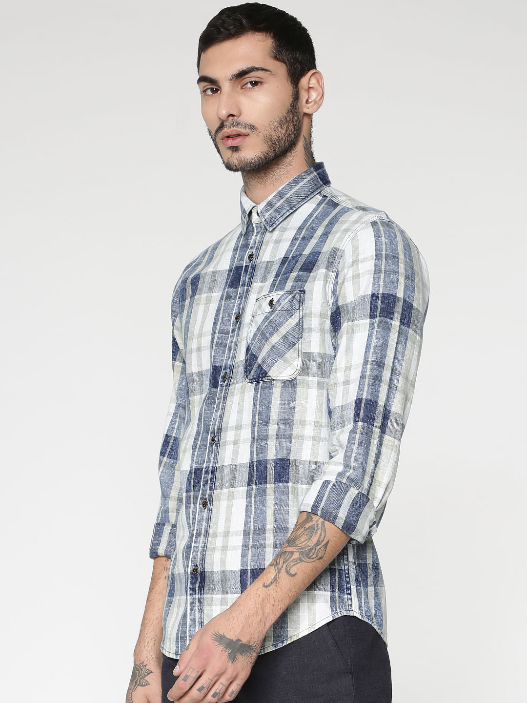 White Multicoloured Checks Washed Slim Fit Full Sleeves Shirt