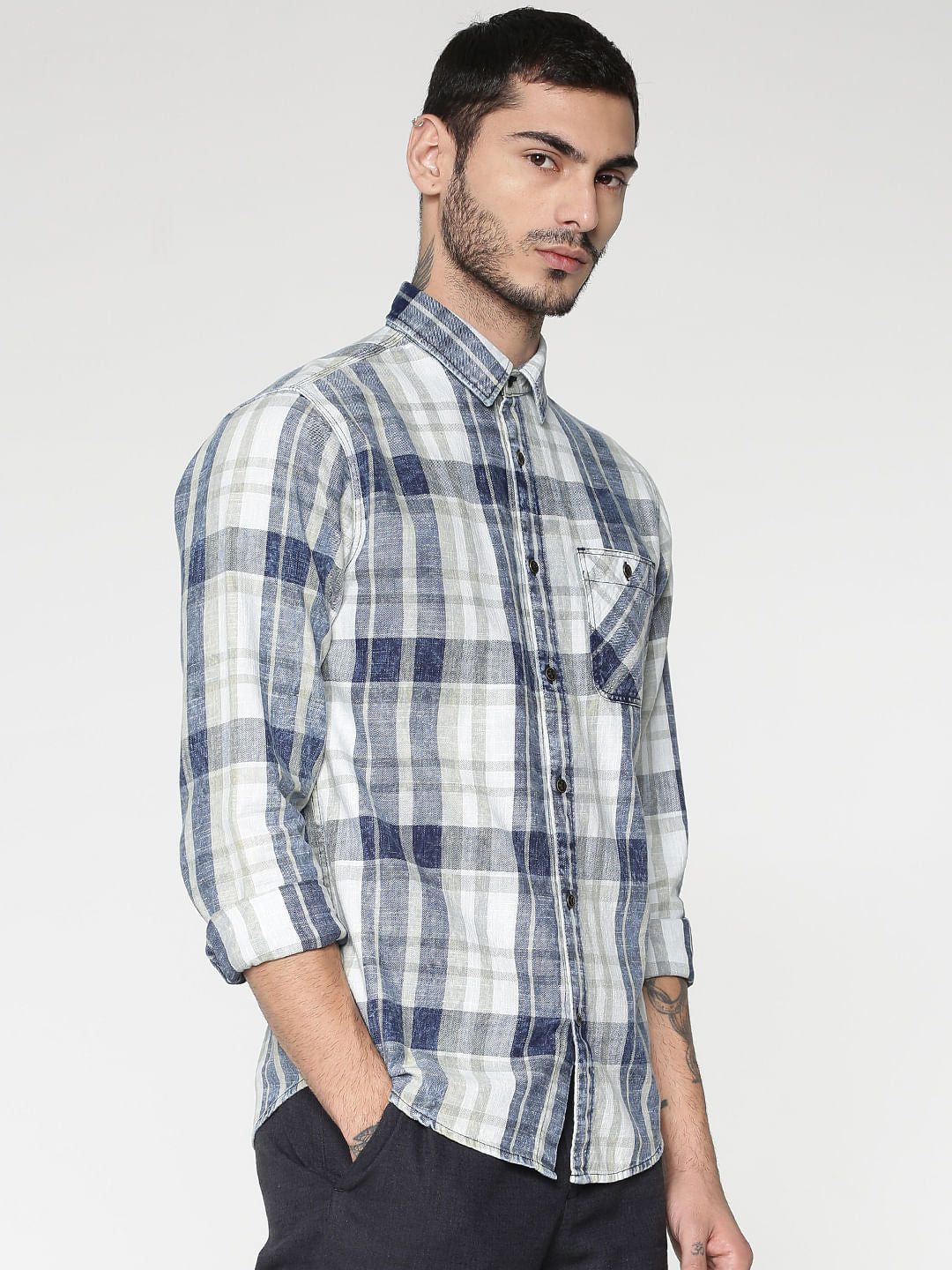 White Multicoloured Checks Washed Slim Fit Full Sleeves Shirt