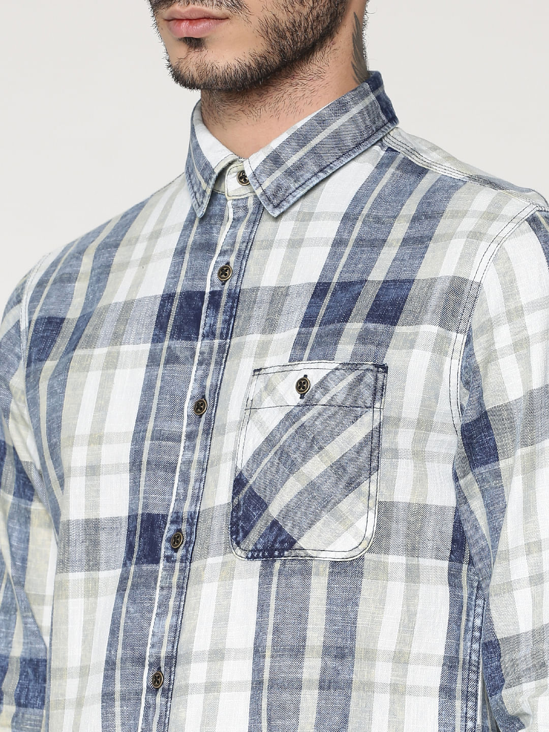 White Multicoloured Checks Washed Slim Fit Full Sleeves Shirt