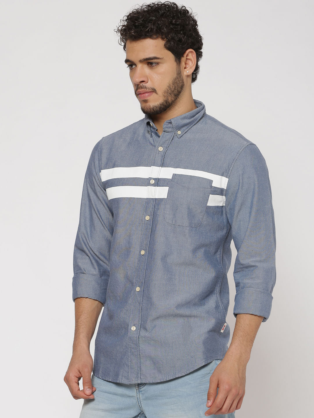 Blue Front Striped Patch Slim Fit Full Sleeves Shirt