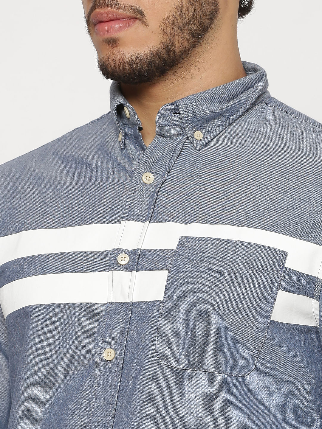 Blue Front Striped Patch Slim Fit Full Sleeves Shirt