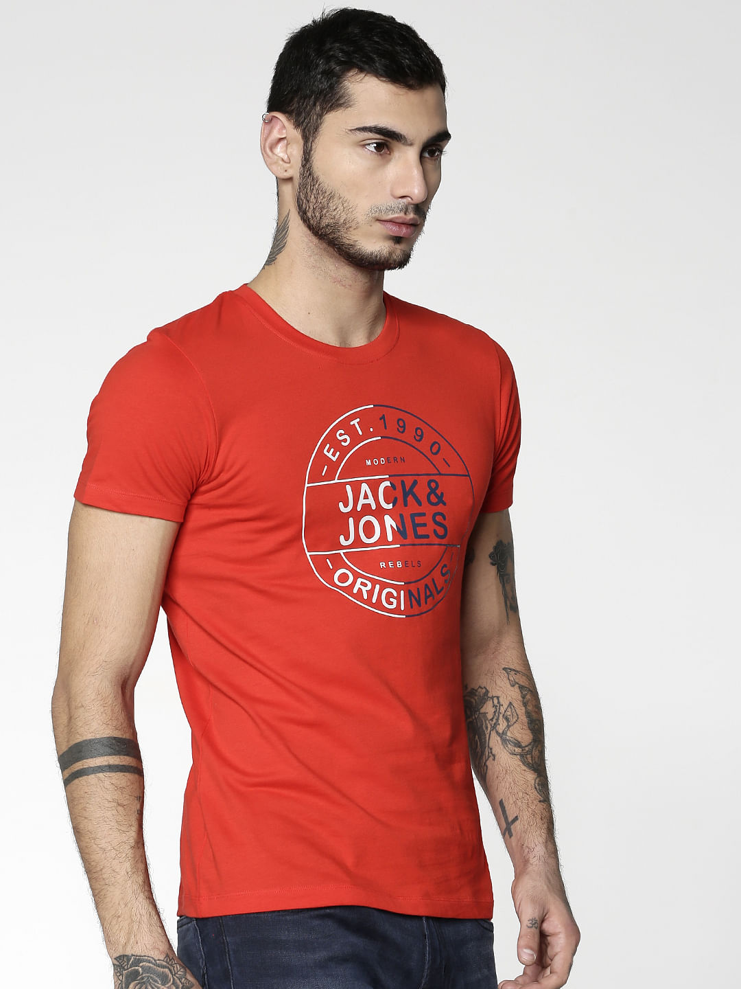 Red Text Print Slim Fit Crew Neck T-Shirt