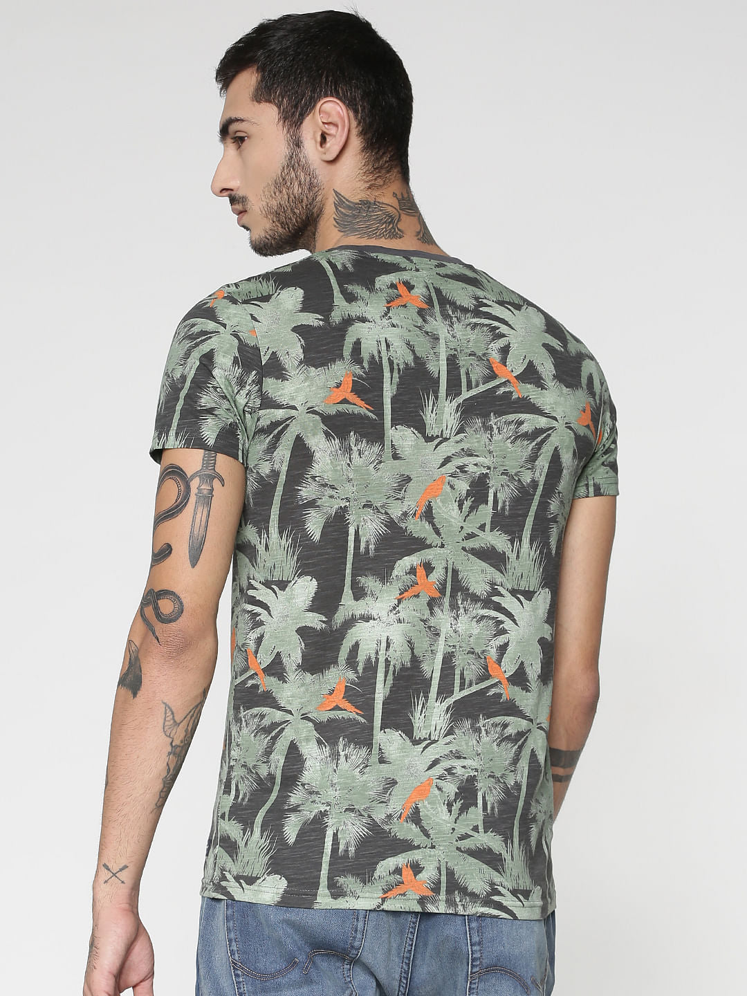 Grey All Over Palm Tree Print Slim Fit Crew Neck T-Shirt