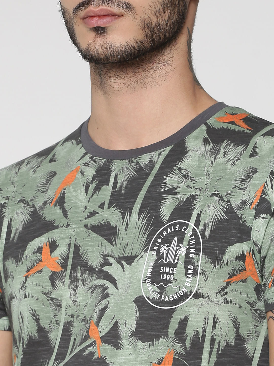 Grey All Over Palm Tree Print Slim Fit Crew Neck T-Shirt