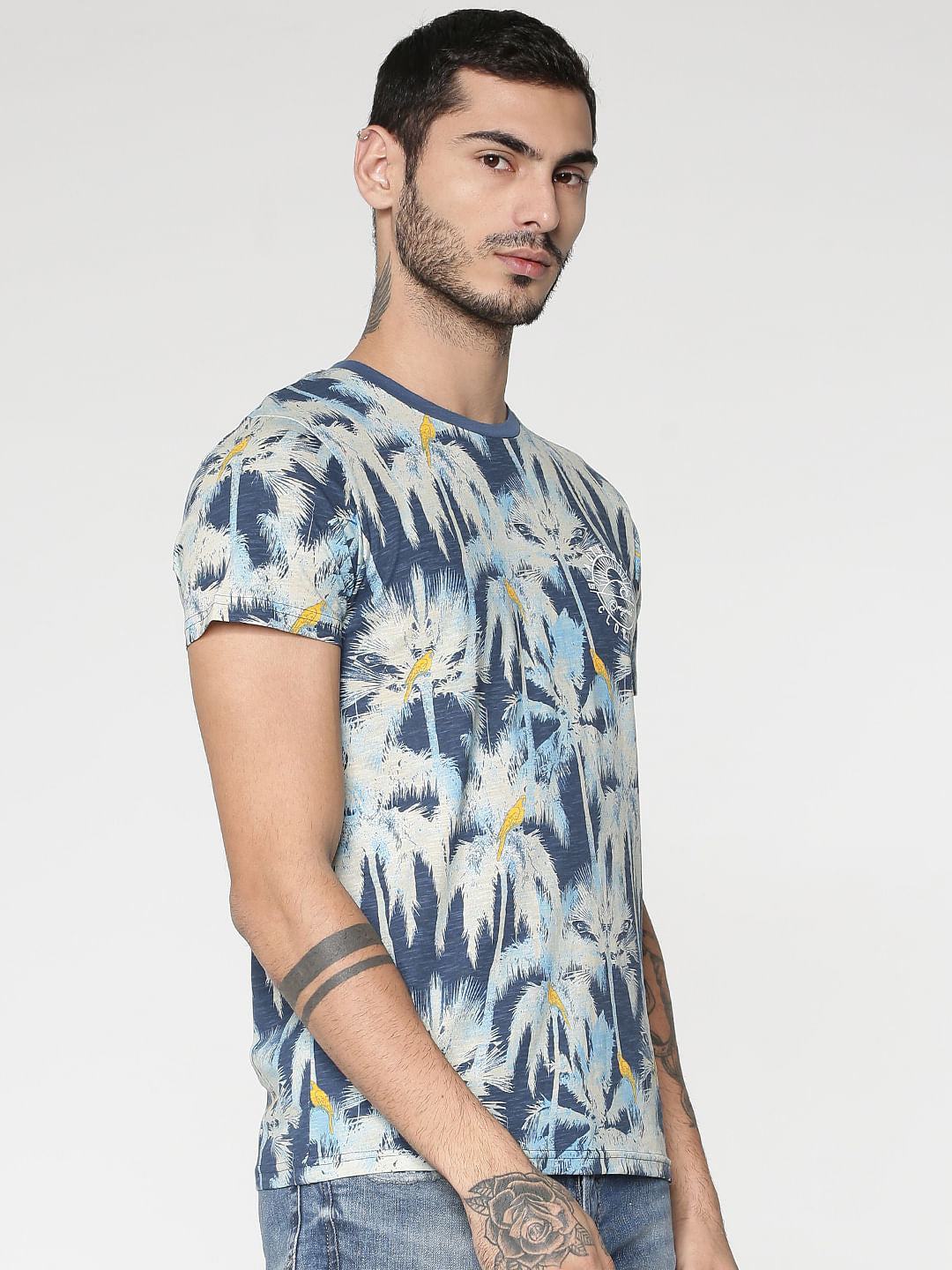 Blue All Over Palm Tree Print Slim Fit Crew Neck T-Shirt