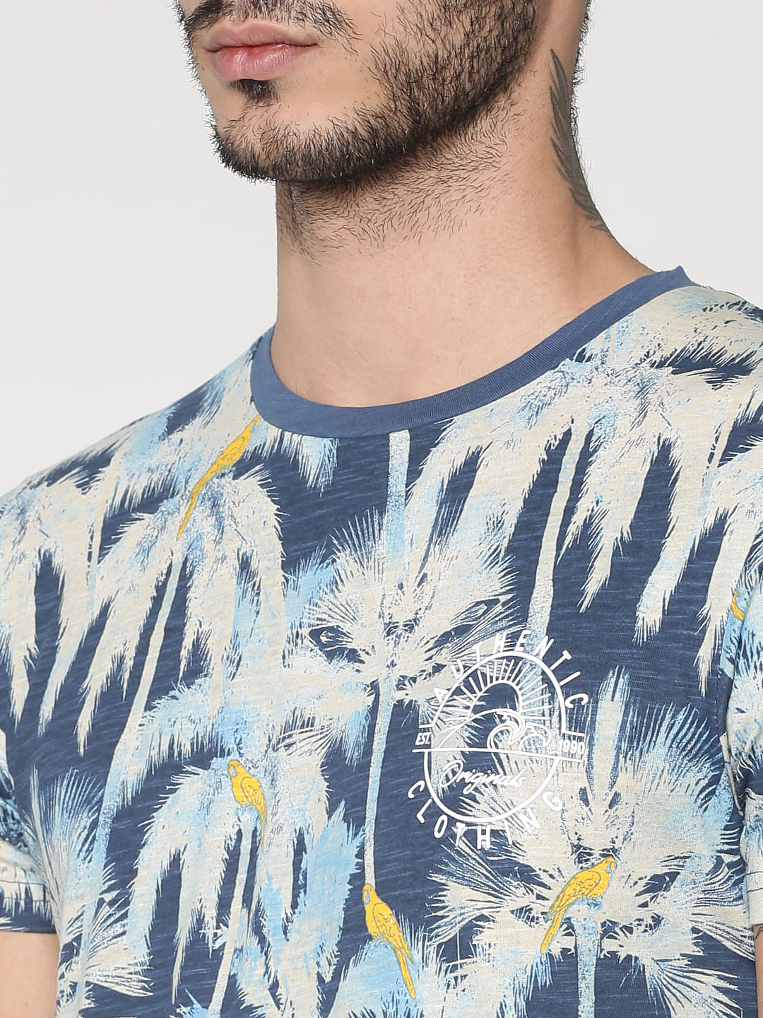 Blue All Over Palm Tree Print Slim Fit Crew Neck T-Shirt