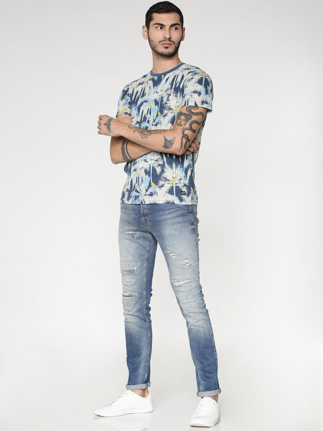 Blue All Over Palm Tree Print Slim Fit Crew Neck T-Shirt