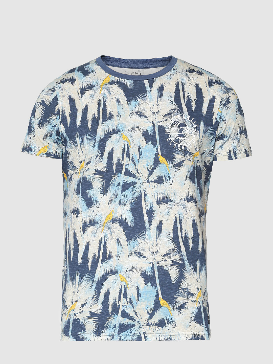 Blue All Over Palm Tree Print Slim Fit Crew Neck T-Shirt
