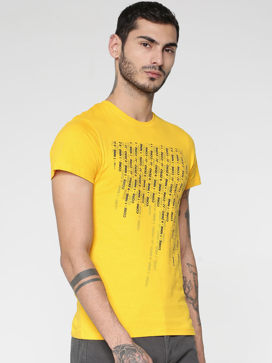 Yellow Text Print Slim Fit Crew Neck T-Shirt