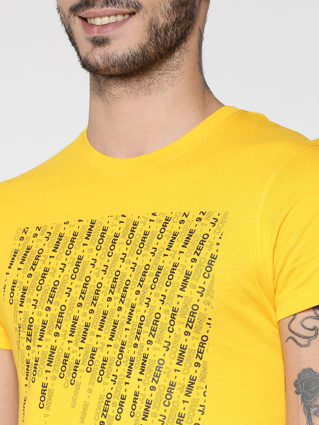 Yellow Text Print Slim Fit Crew Neck T-Shirt