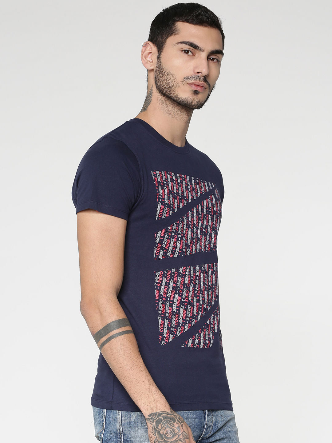 Blue Text Print Slim Fit Crew Neck T-Shirt