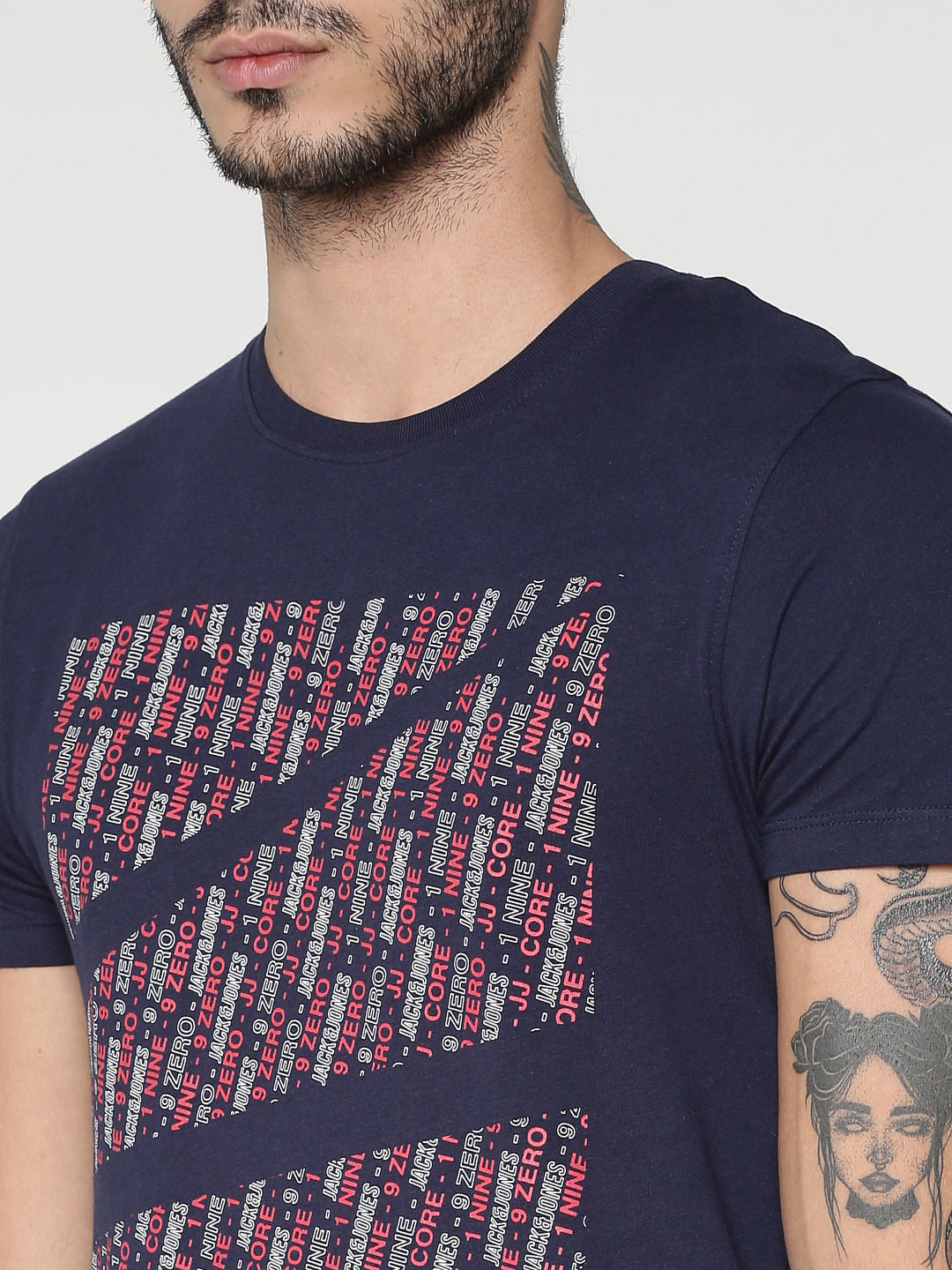 Blue Text Print Slim Fit Crew Neck T-Shirt