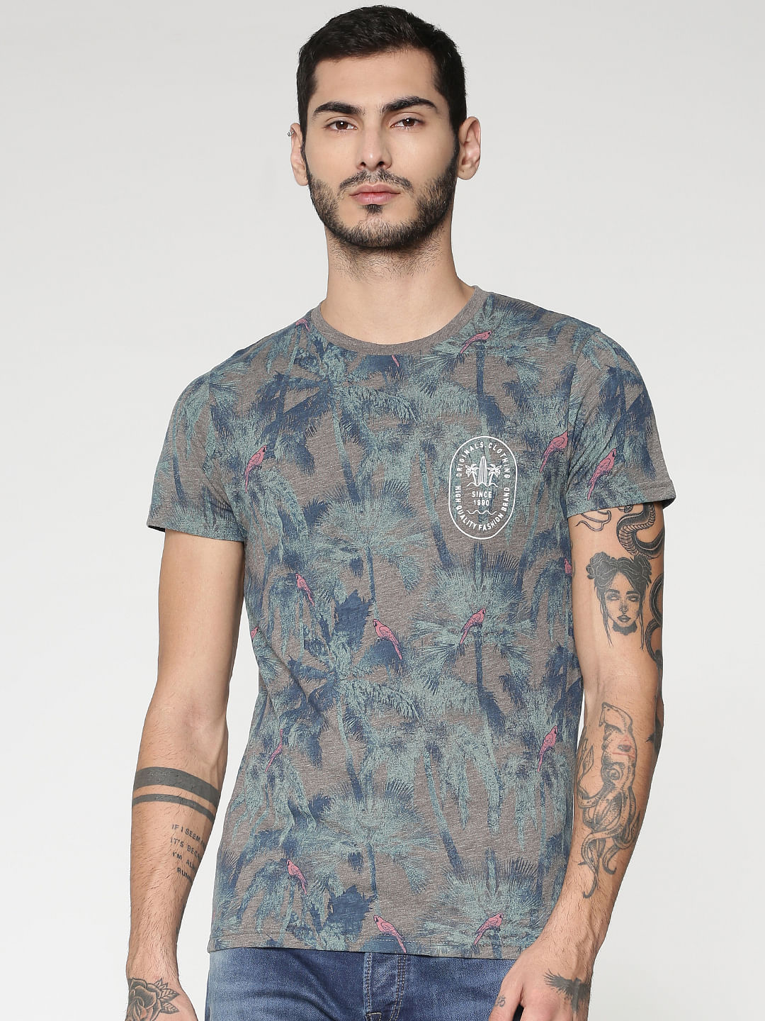 Grey All Over Palm Tree Print Slim Fit Crew Neck T-Shirt