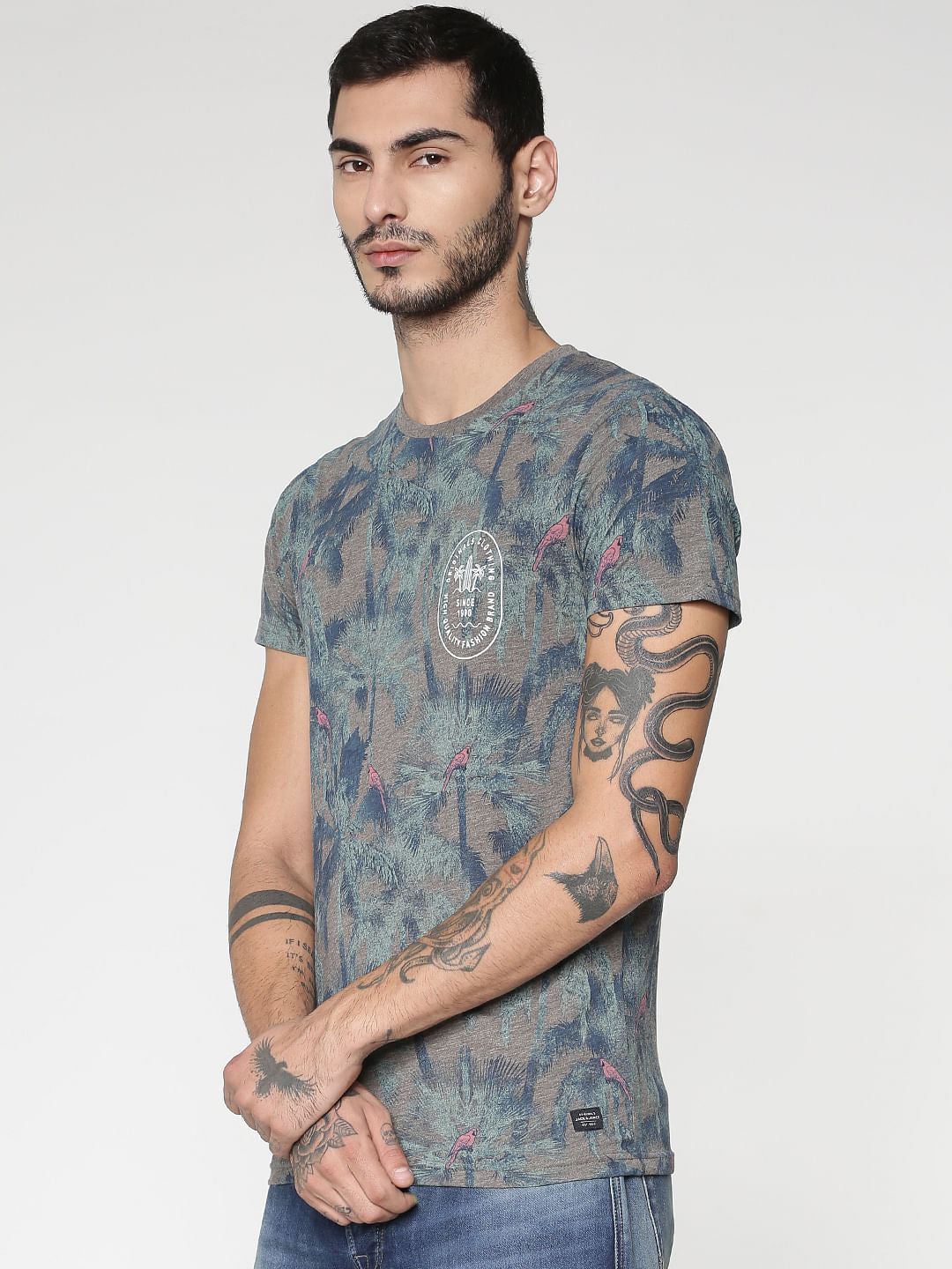 Grey All Over Palm Tree Print Slim Fit Crew Neck T-Shirt
