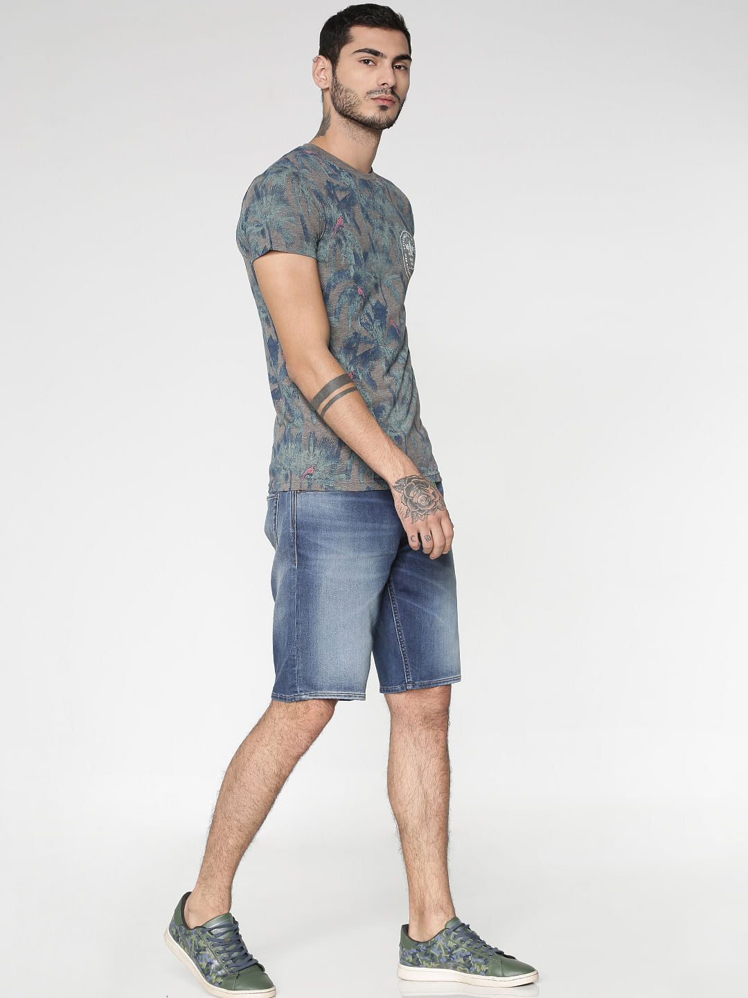 Grey All Over Palm Tree Print Slim Fit Crew Neck T-Shirt