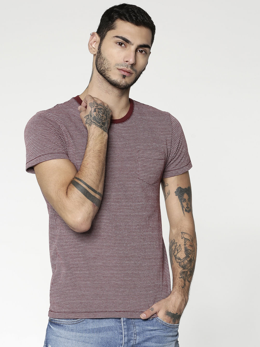 Purple Jacquard Slim Fit Crew Neck T-Shirt
