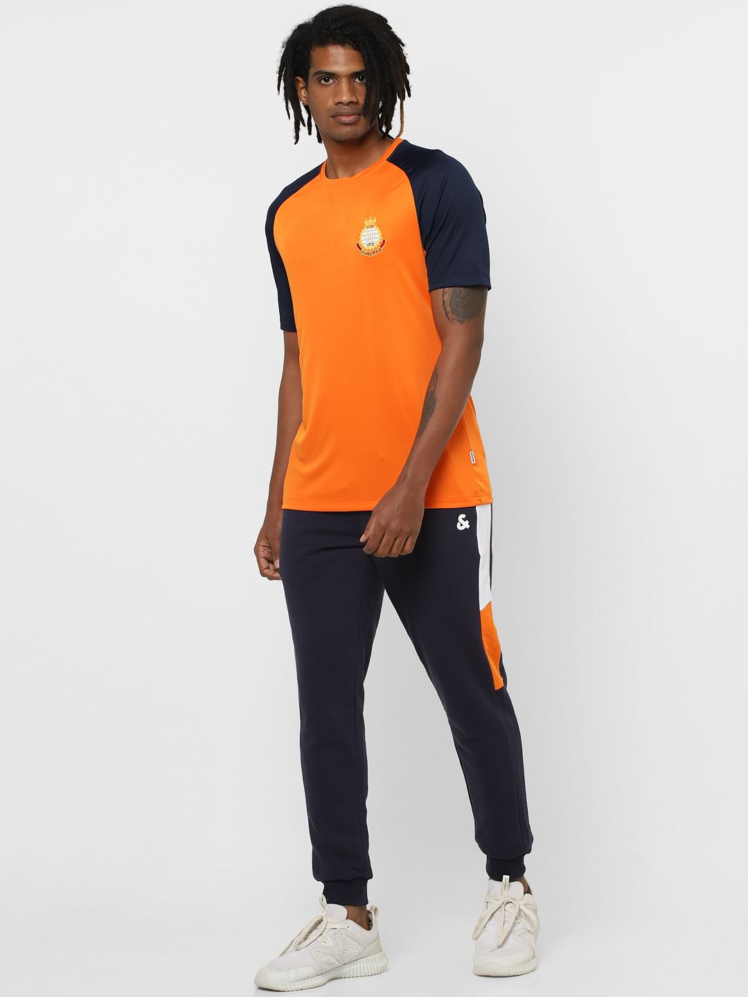 Orange Colourblocked Crew Neck T-shirt