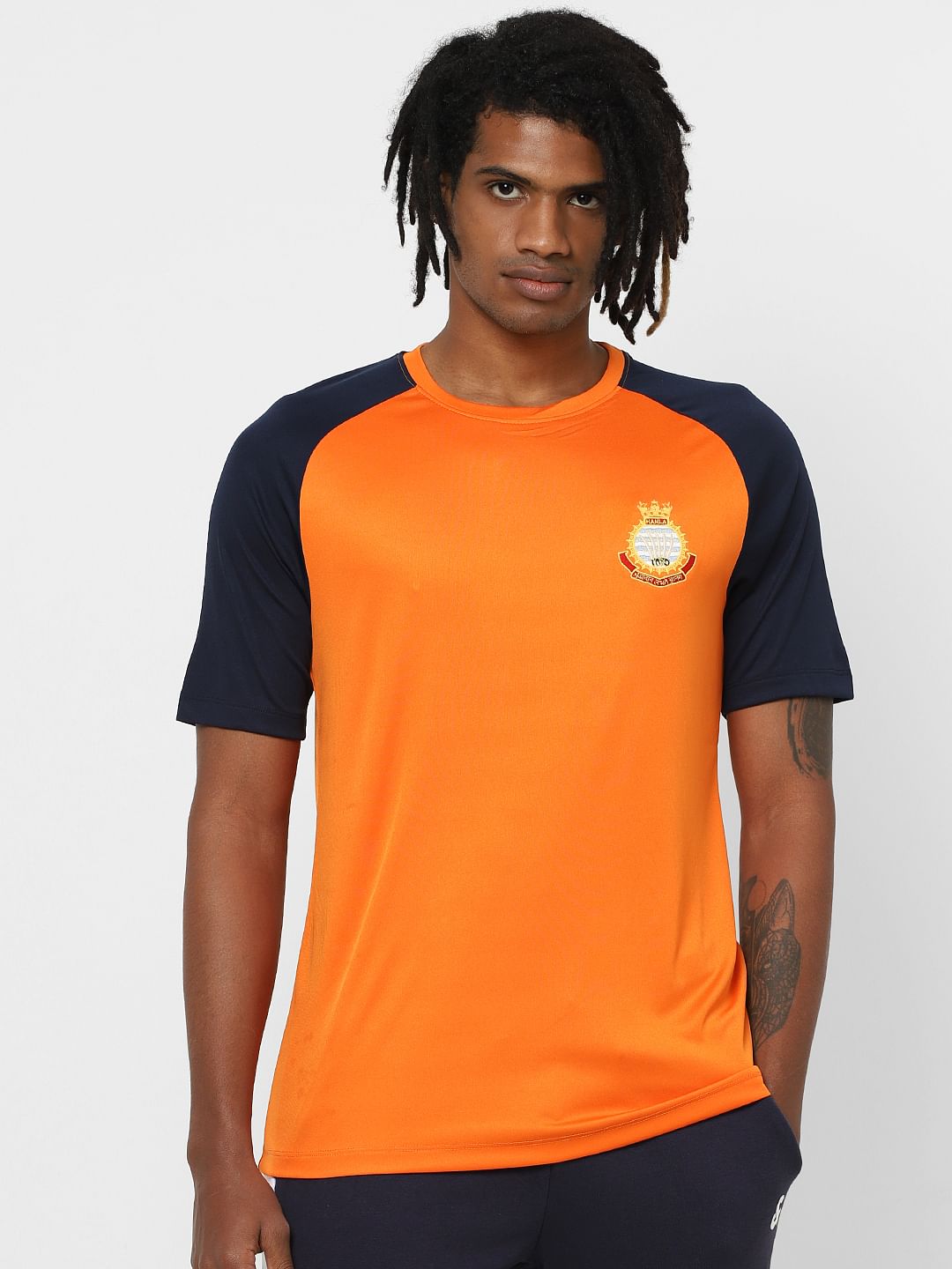 Orange Colourblocked Crew Neck T-shirt