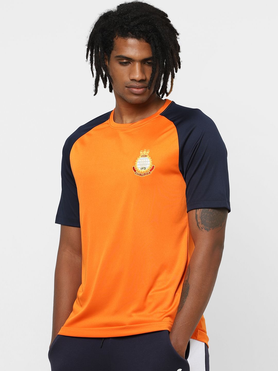Orange Colourblocked Crew Neck T-shirt