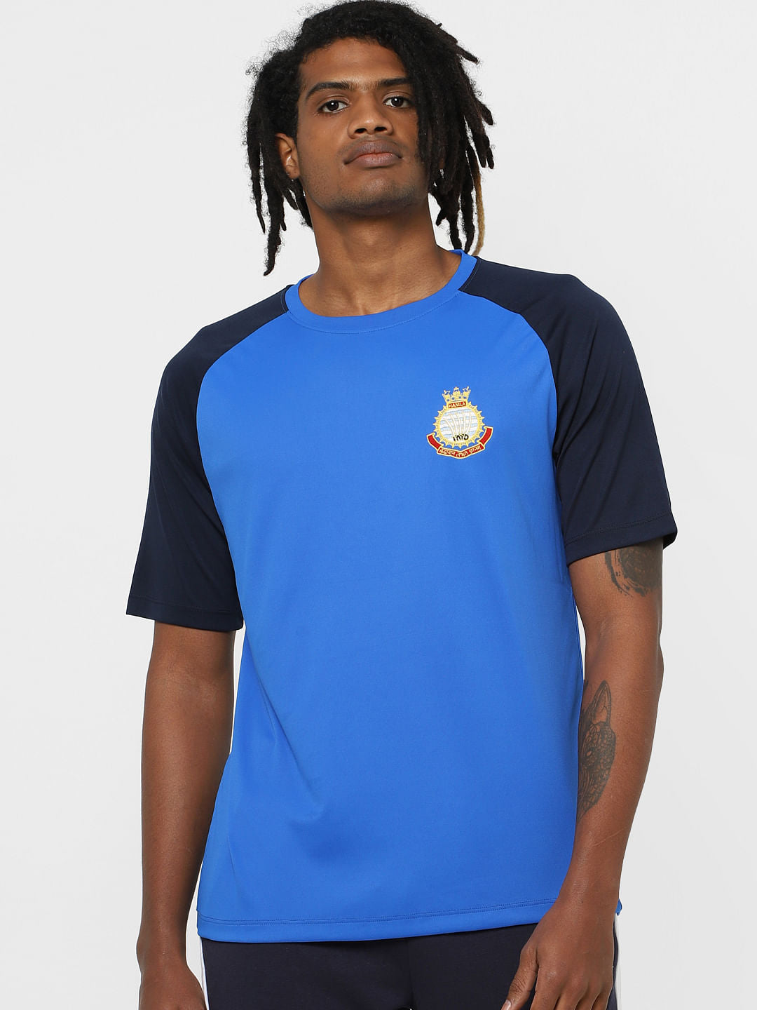 Blue Colourblocked Crew Neck T-shirt