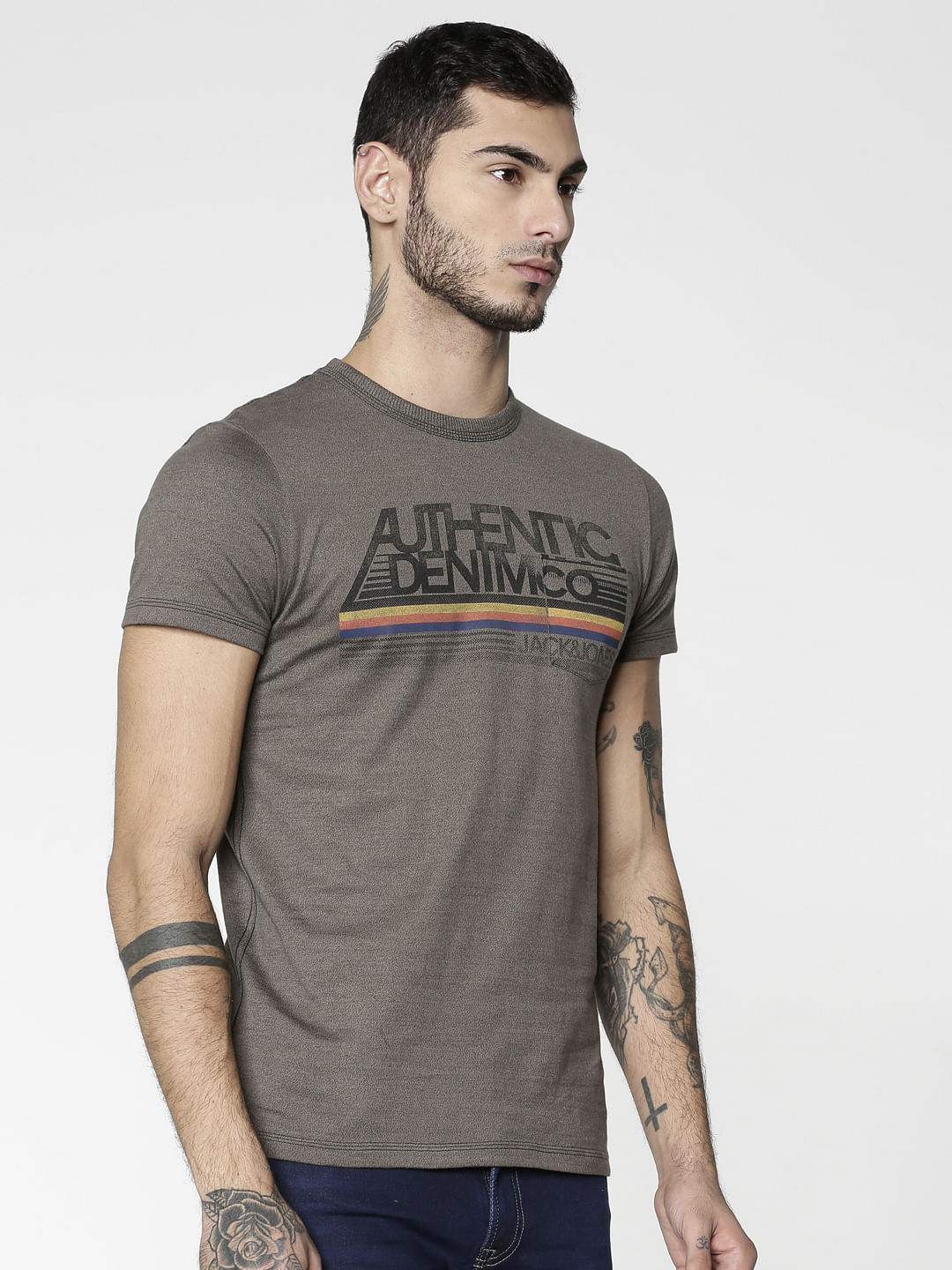 Grey Colour Blocked Striped Slim Fit Crew Neck T-Shirt