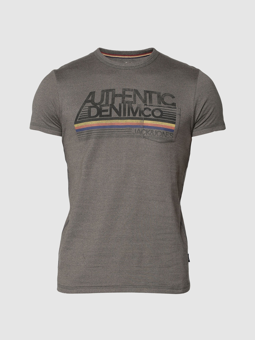 Grey Colour Blocked Striped Slim Fit Crew Neck T-Shirt