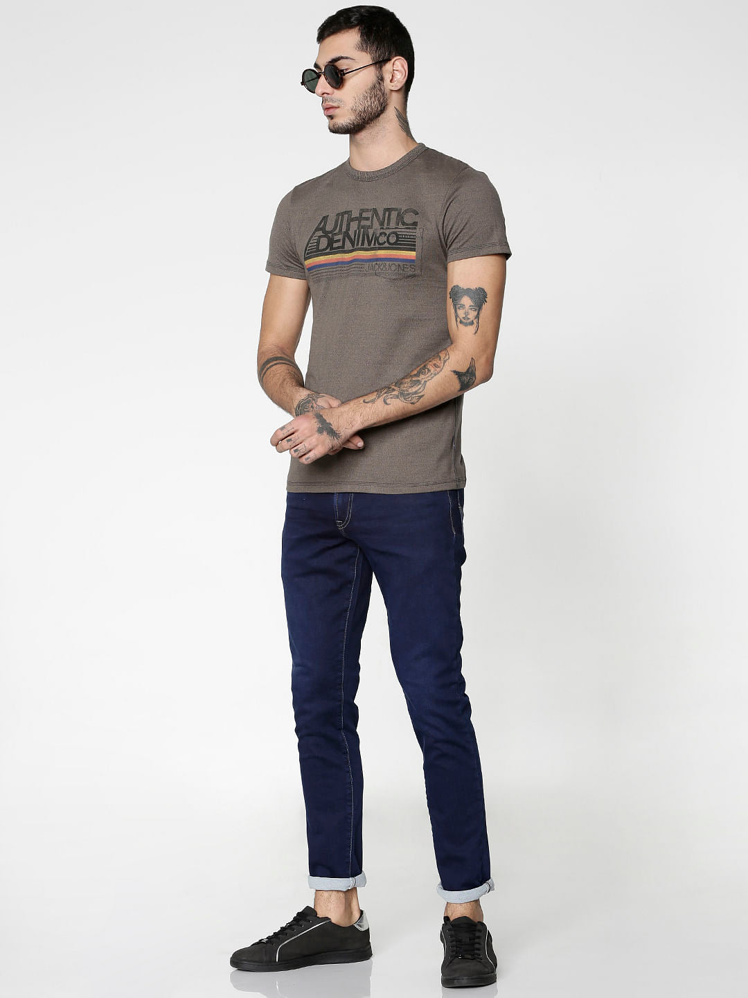 Grey Colour Blocked Striped Slim Fit Crew Neck T-Shirt