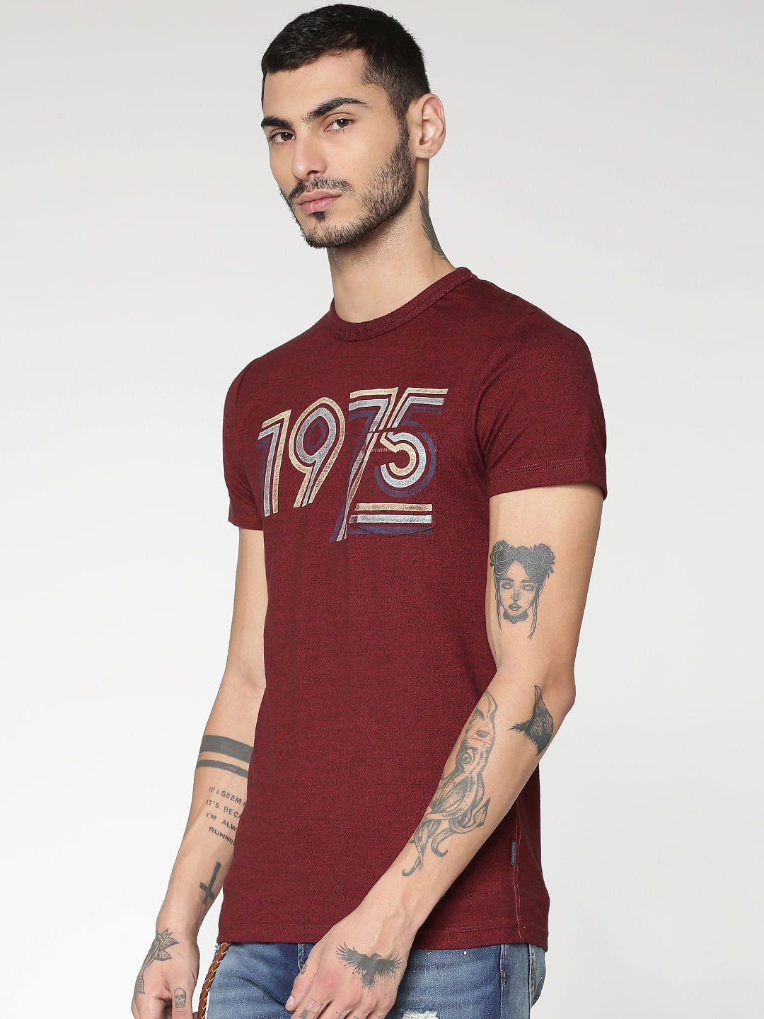 Maroon Numeric Print Crew Neck T-Shirt