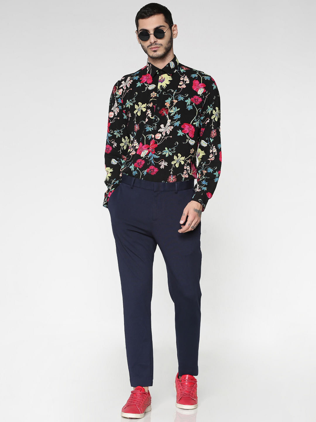 Black All Over Floral Print Slim Fit Full Sleeves Shirt