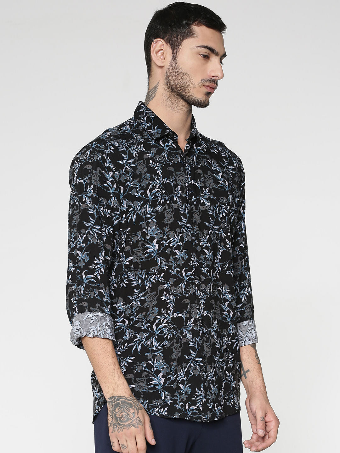Grey All Over Floral Print Slim Fit Full Sleeves Shirt