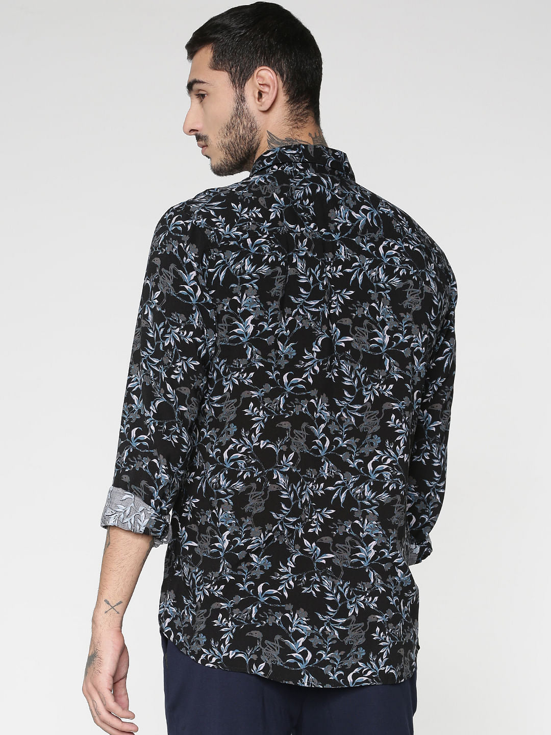 Grey All Over Floral Print Slim Fit Full Sleeves Shirt