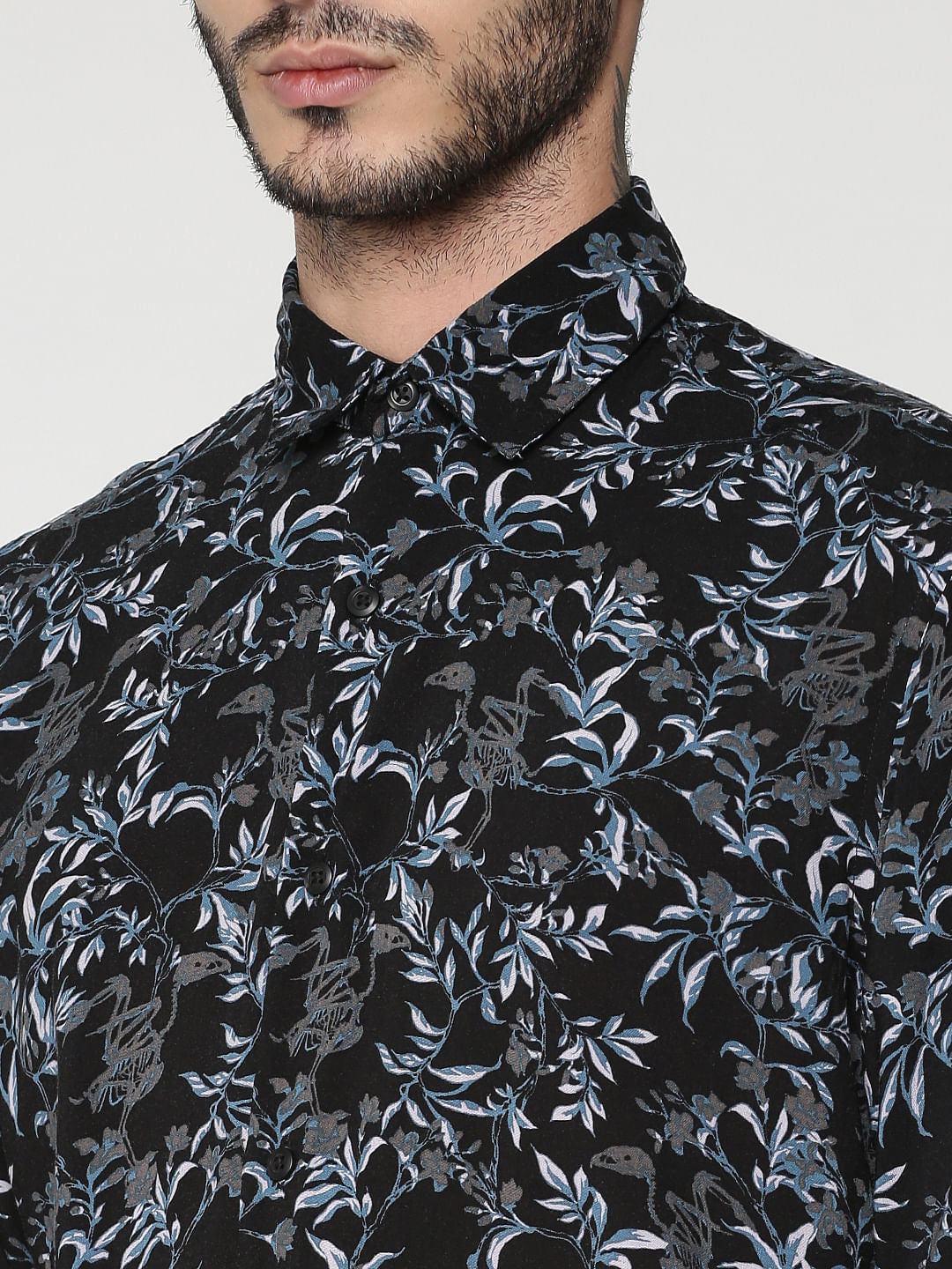 Grey All Over Floral Print Slim Fit Full Sleeves Shirt