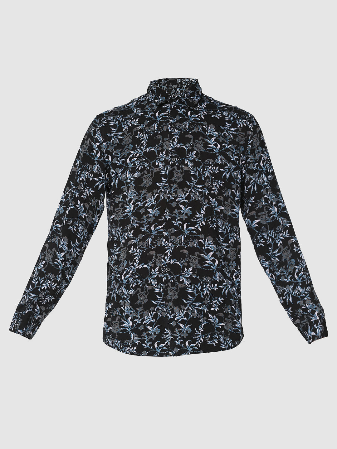Grey All Over Floral Print Slim Fit Full Sleeves Shirt