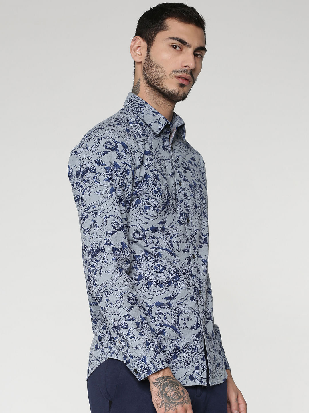 Blue All Over Floral Print Slim Fit Full Sleeves Shirt