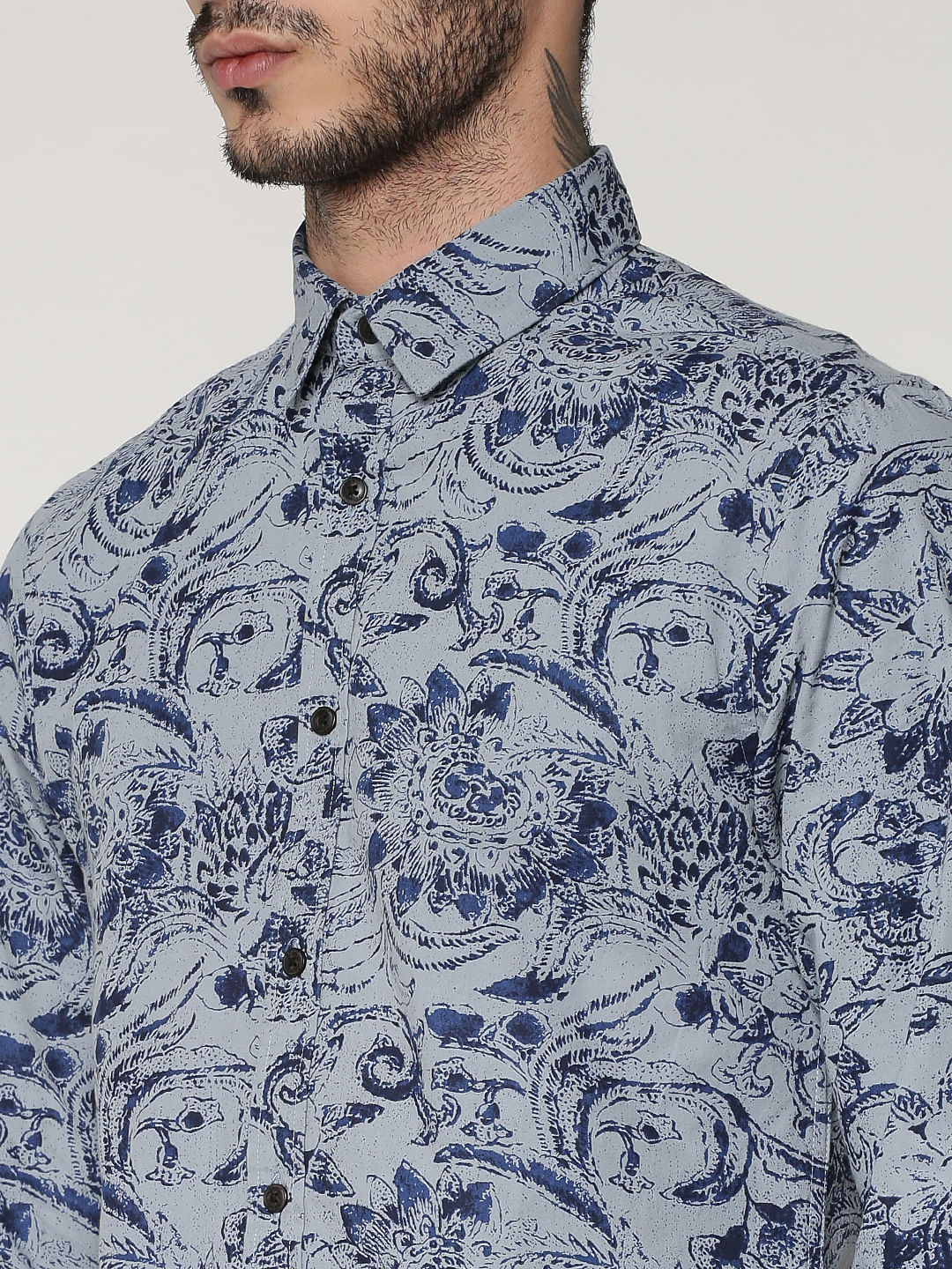 Blue All Over Floral Print Slim Fit Full Sleeves Shirt