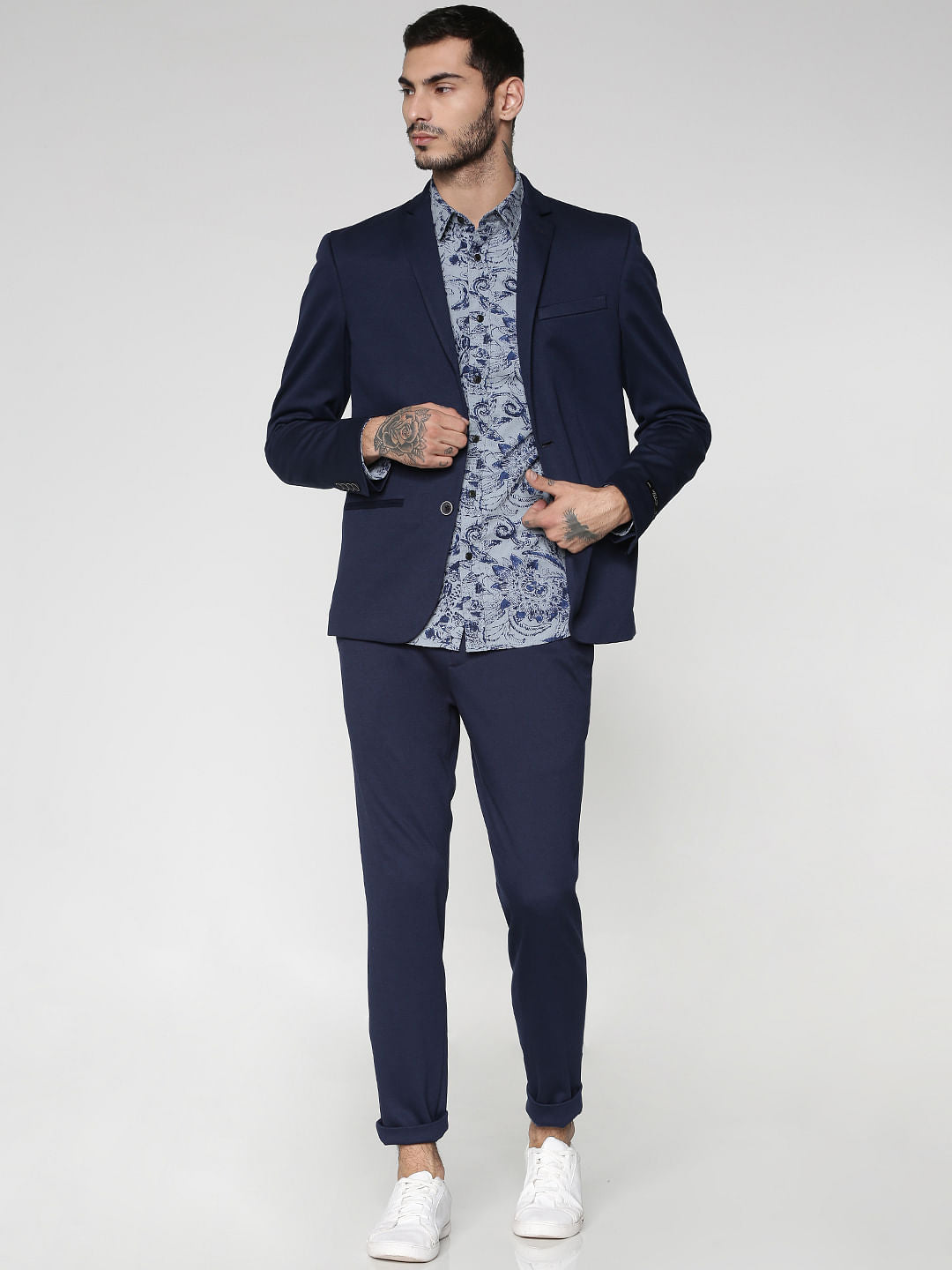 Blue All Over Floral Print Slim Fit Full Sleeves Shirt