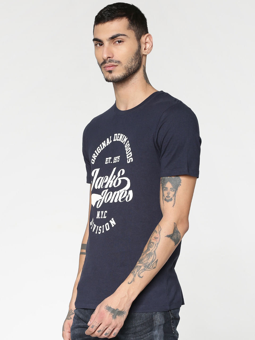 Blue Text Print Slim Fit Crew Neck T-Shirt