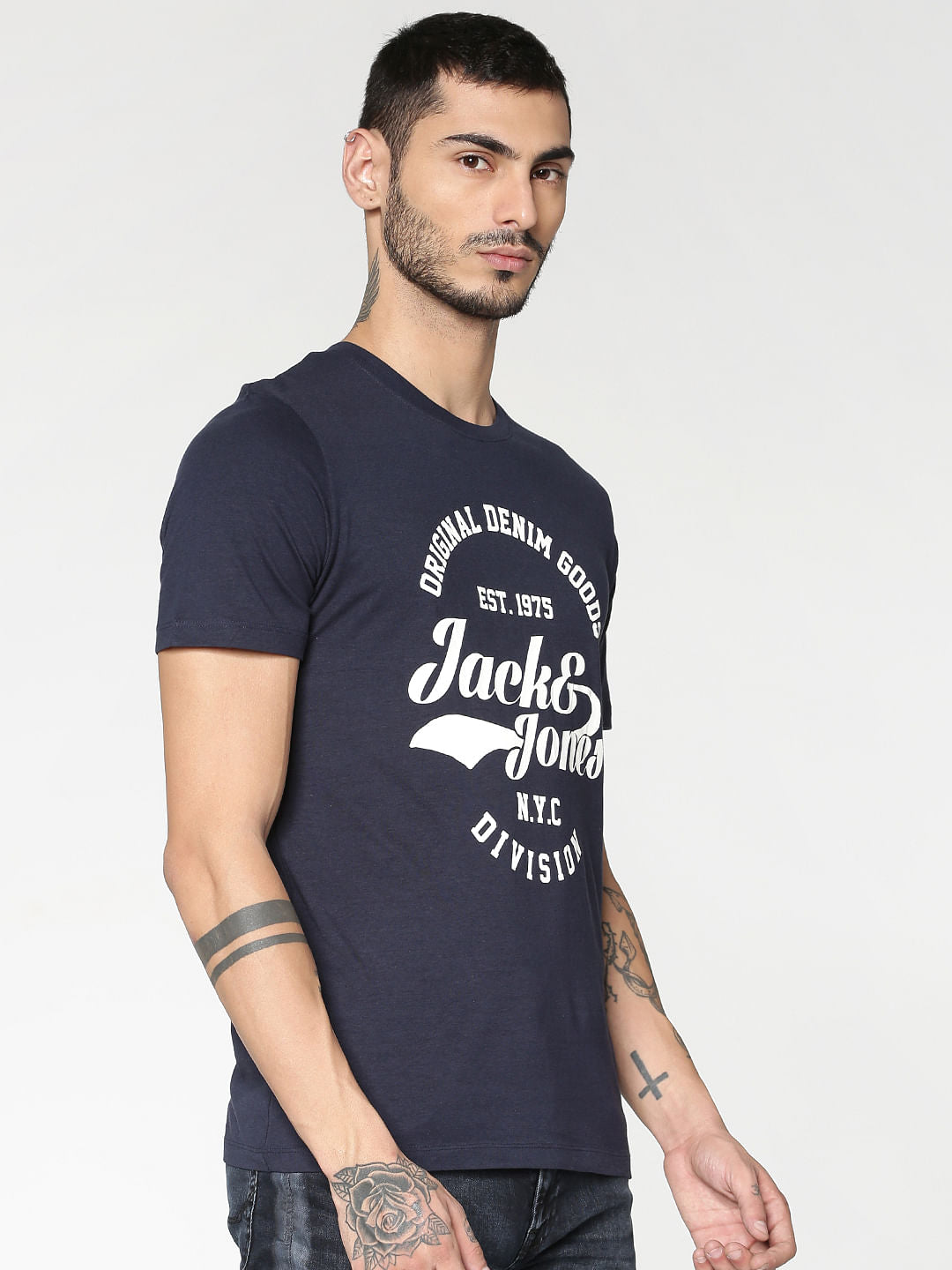Blue Text Print Slim Fit Crew Neck T-Shirt