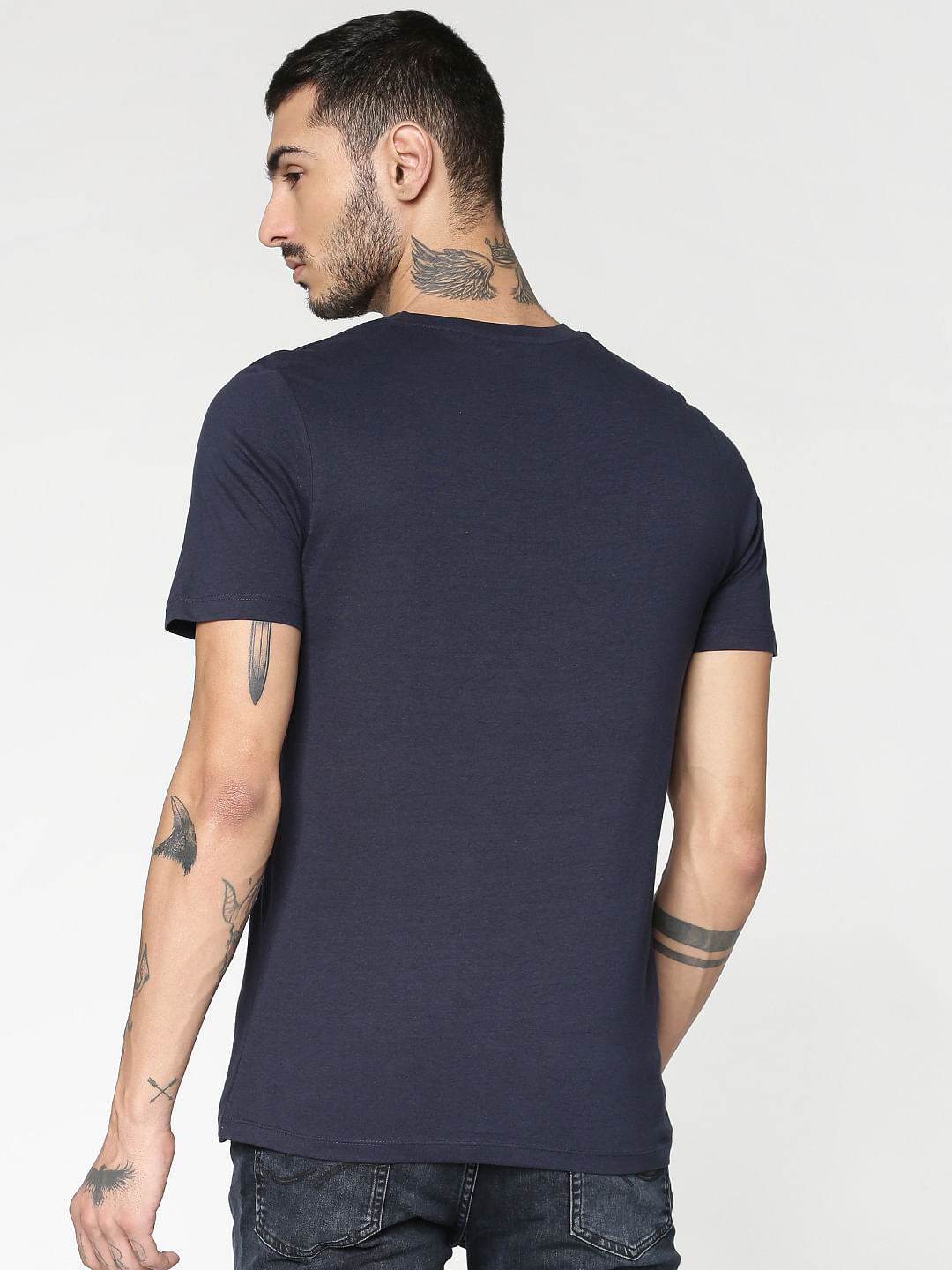 Blue Text Print Slim Fit Crew Neck T-Shirt