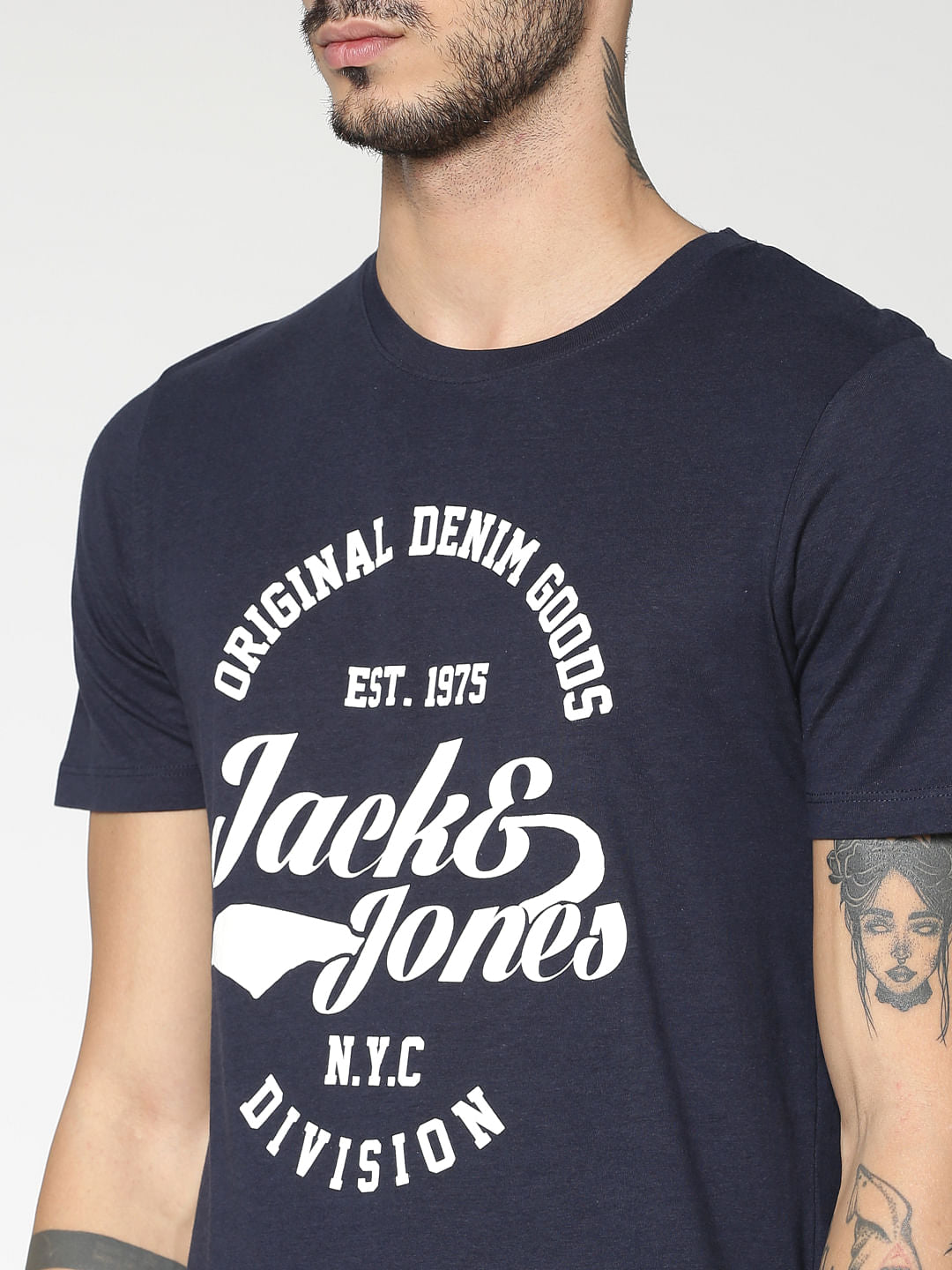 Blue Text Print Slim Fit Crew Neck T-Shirt