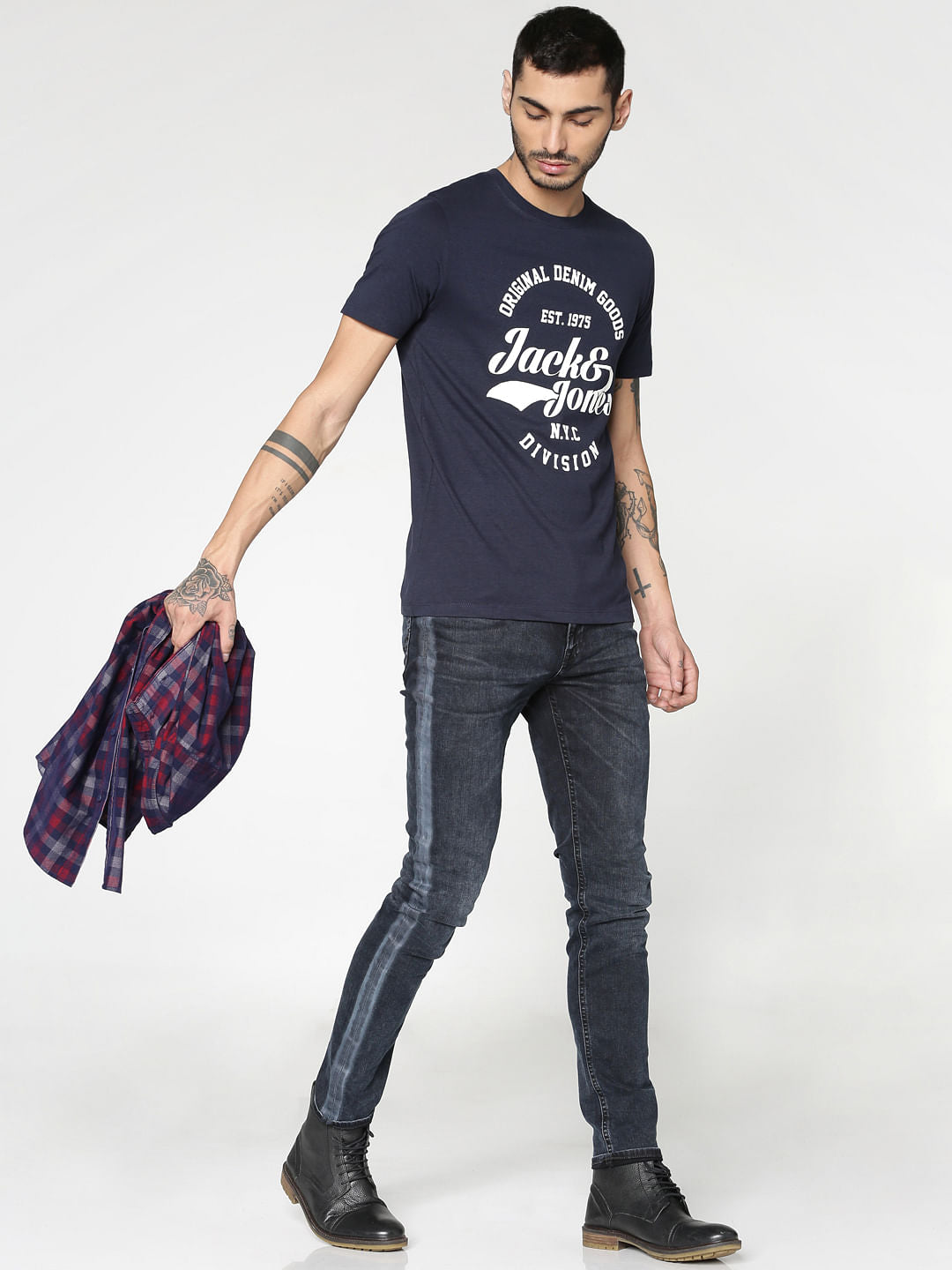 Blue Text Print Slim Fit Crew Neck T-Shirt